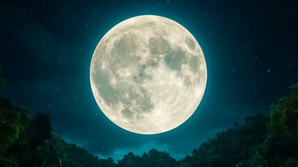 A captivating full moon glowing in a clear starry night sky above a dense forest of lush green trees. The scene evokes a sense of tranquility and magic.