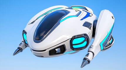 Fototapeta premium A futuristic underwater exploration vehicle featuring a sleek white design with blue accents soaring against a clear blue sky, showcasing advanced technology and innovative features.