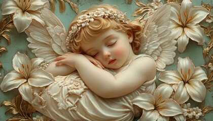 Fototapeta premium A peaceful cherub sleeping on a bed of lilies, ornate gold detailing, soft vintage pastels, heavenly floral ephemera, highly detailed, timeless elegance, 8K UHD