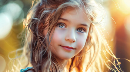 Fototapeta premium A young female child with a cute and beautiful face, featuring a background of fashion and childhood innocence.