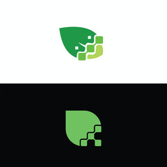Green tech logo design template. leaf with digital data technology design graphic vector illustration. Symbol, icon, creative.