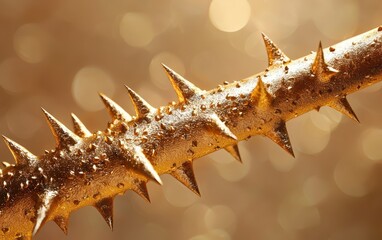 A detailed macro image of a cactus spine, showing the sharp textures and the intricate arrangement of the thorns against a blurred desert background