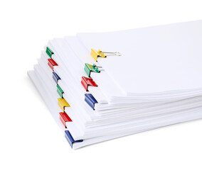 Colorful binder clips with sheets of paper isolated on white