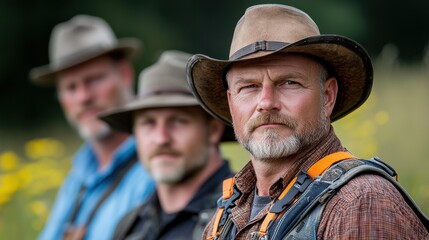 Group of male farmers wearing classic farming attire like hats overalls and other traditional clothing working together in a rural agricultural field or landscape