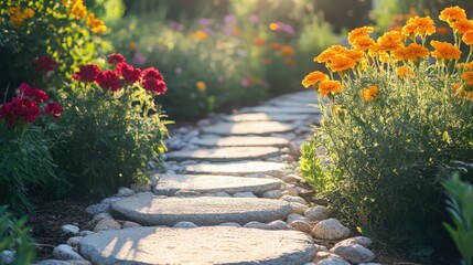 Serene garden path with stepping stones and vibrant flower blossoms
