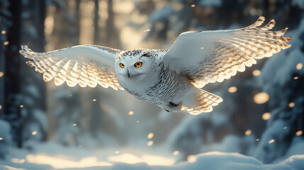 A beautiful white owl flies low in the snowy forest, spreading its wings and brightly flashing its eyes against the white snow