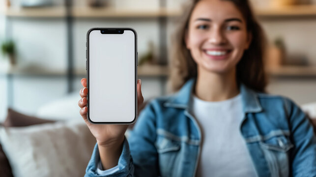 Satisfied confident smiling caucasian women showing mobile phone blank white screen mockup to camera standing isolated on blue studio copy space. Closeup smartphone in women hand. AI Generated Images - Powered by Adobe