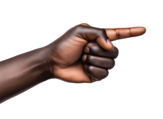 Hand raised gesturing to the right emphasizing direction while conveying a clear message in a neutral setting