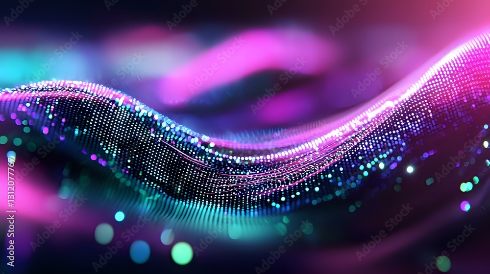 Poster glowing particles form dynamic wave pattern in purple and turquoise colors against dark background, 