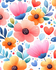 A seamless pattern featuring colorful flowers, hearts, and leaves on a white background