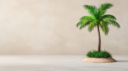 Fototapeta premium A solitary palm tree with lush green leaves stands on sandy soil against a minimalist beige background, evoking tranquility and tropical vibes.