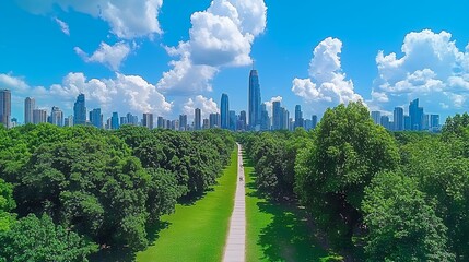 Fototapeta premium A serene green pathway flanked by vibrant trees stretches toward a bustling skyline under a clear blue sky dotted with fluffy white clouds.