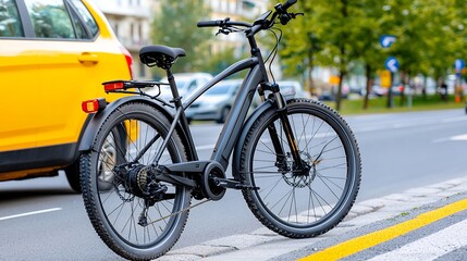 Fototapeta premium A modern electric bicycle parked on a vibrant city street beside a yellow taxi showcasing urban transportation.