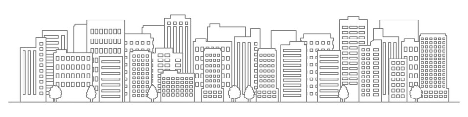 Naklejka premium 高層ビルが建ち並ぶビジネス街・都会の街並みのイラスト線画1
