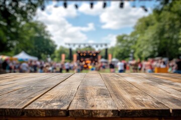 Rustic wooden table at outdoor music festival