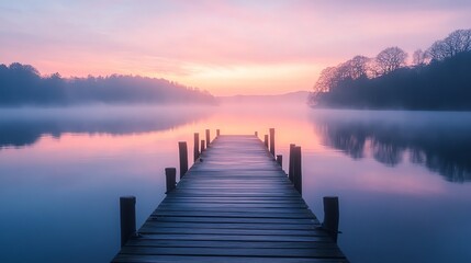 Fototapeta premium A picturesque dock on a mistcovered lake at sunrise