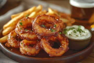 A plate of fried onion rings and french fries with a dipping sauce