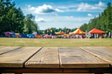 Empty wooden picnic table at park with carnival in background