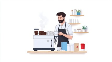 A barista prepares coffee behind the counter of a coffee shop. He's wearing an apron, and there are coffee beans, cups, and other supplies nearby.