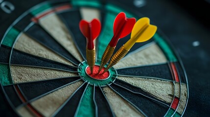 Close-up of three darts green hitting a target in a vibrant game setting showcasing precision focus and competitive spirit in sports entertainment