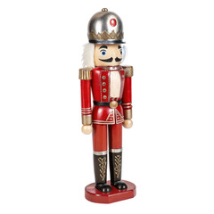 Naklejka premium A colorful wooden nutcracker figurine dressed in a red military uniform with a silver hat and a distinguished mustache.