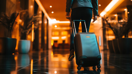 20250306215230list 19 20250306215049list 11 20250306214924list 4 A person rolling their suitcase through a modern hotel lobby with sleek interior design and warm lighting. The shot focuses on 