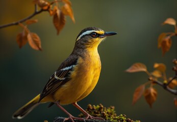 Obraz premium Yellow Bird with Black and White Wing Stripes on Branch