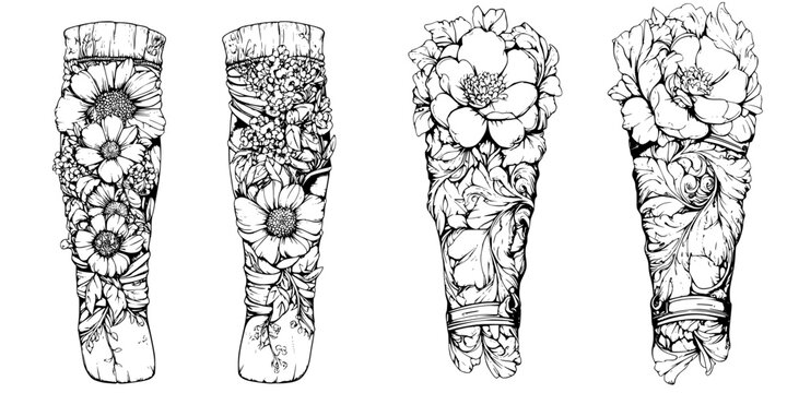 Floral tattoo designs featuring intricate flower details and natural elements on arm sleeves