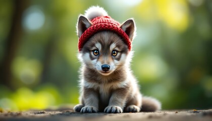 Obraz premium Cute Wolf Cub Wearing Winter Hat Sitting Outdoors Looking Adorable