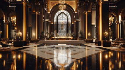 Fototapeta premium Luxurious hotel lobby with grand architecture, marble floors, and elegant furniture.