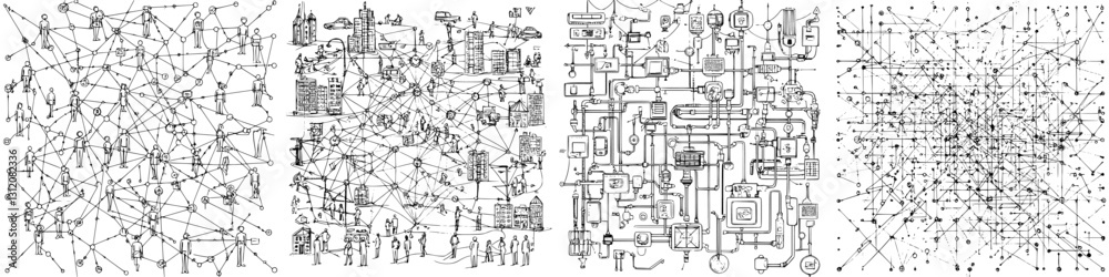 Poster exploration of complex interconnected systems and networks in a conceptual art piece reflecting mode