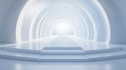 futuristic white fashion catwalk stage with elegant, minimalist design featuring curved arches and soft lighting, creating serene and sophisticated atmosphere