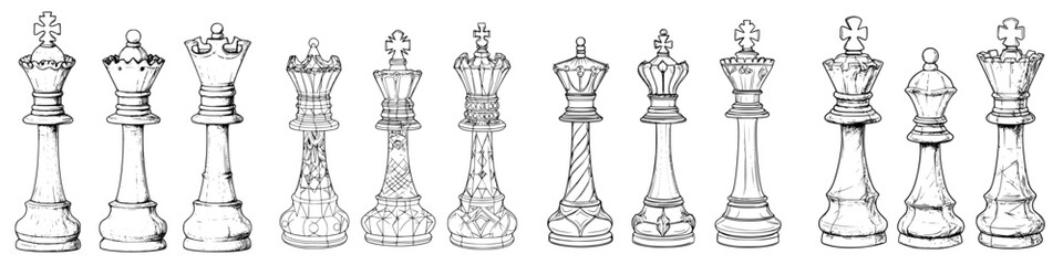 Various chess pieces arranged in order display intricate designs and craftsmanship showcasing their unique features