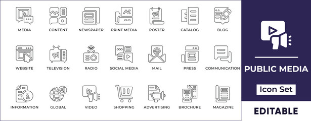 Public Media Line Icon Set. Editable icons for global, marketing, icon, newspaper, press, publication, set, information, television.