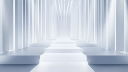 Obraz premium futuristic white fashion catwalk stage with elegant, minimalist design, featuring illuminated vertical panels and sleek, reflective floor. space exudes sense of modernity and sophistication
