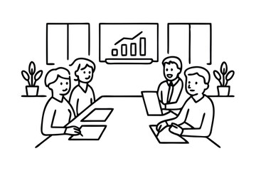 Group of business professionals engaged in discussion and collaboration line art flat vector illustration