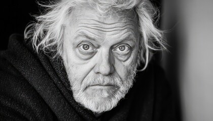 Close Up Black And White Portrait Of Elderly Man With Serious Expression
