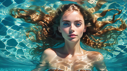 Underwater Beautiful Woman with Blue Eyes. Captivating Woman with Flowing Hair. Generative AI