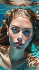 Underwater Beautiful Woman with Blue Eyes. Captivating Woman with Flowing Hair. Generative AI