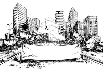 Modern city street destroyed by war, riot, or disaster, illustrated in a pen and ink sketch with a roadblock and a blank sign awaiting text