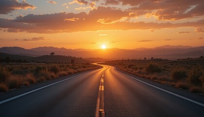 Naklejka premium Sunset journey on highway desert landscape scenic photography warm colors wide view nature's beauty