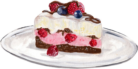 a slice of Ice cream cake desert with raspberry, chocolate and blueberry watercolor style illustration