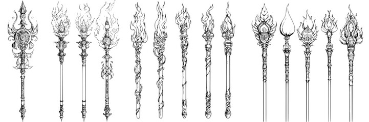 Fototapeta premium Collection of intricately designed torches featuring flame motifs and ornate details displayed in a series of artistic sketches