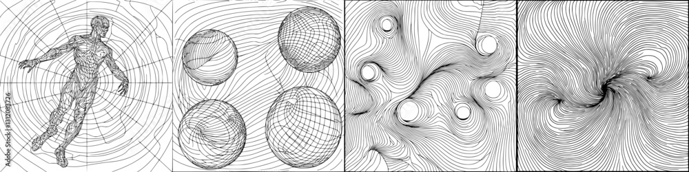 Poster abstract representation of energy flow and forms in a dynamic environment with human figure and sphe