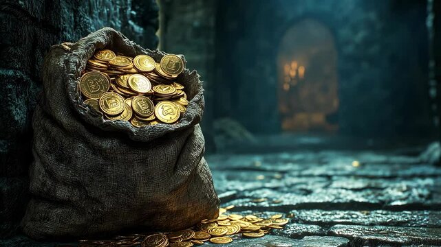 A small brown bag full of gold coins is standing on a cracked stone floor in a dark castle. v2