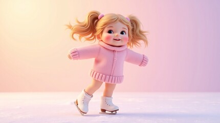 A charming little girl, ice skates on, joyful smile brightens a pastel pink winter wonderland. She glides effortlessly, radiating pure happiness and winter cheer.
