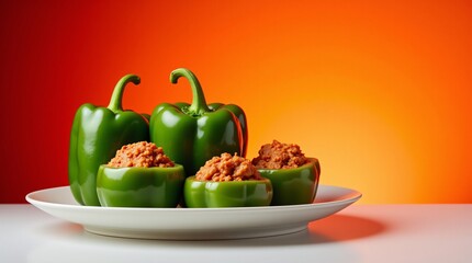 Savory Stuffed Green Peppers, a vibrant culinary delight, rest on a pristine white plate against a warm orange backdrop. A tempting and delicious dish.