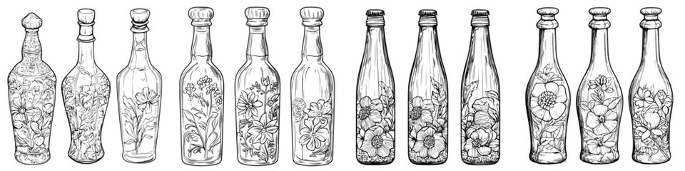 Elegant floral glass bottles in various shapes and sizes showcasing intricate designs and natural beauty