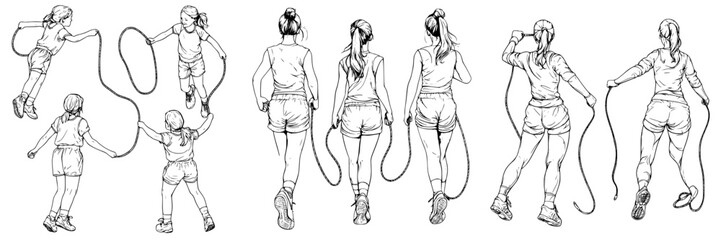 Girl jumping rope in multiple poses at a park during a sunny afternoon