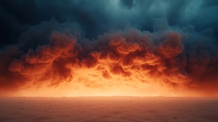 A dramatic sky filled with dark clouds illuminated by a fiery orange hue, creating a striking contrast against a vast landscape.